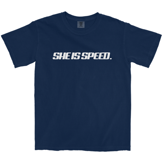 SHE IS SPEED. GABBIE GRAVES NAVY TEE