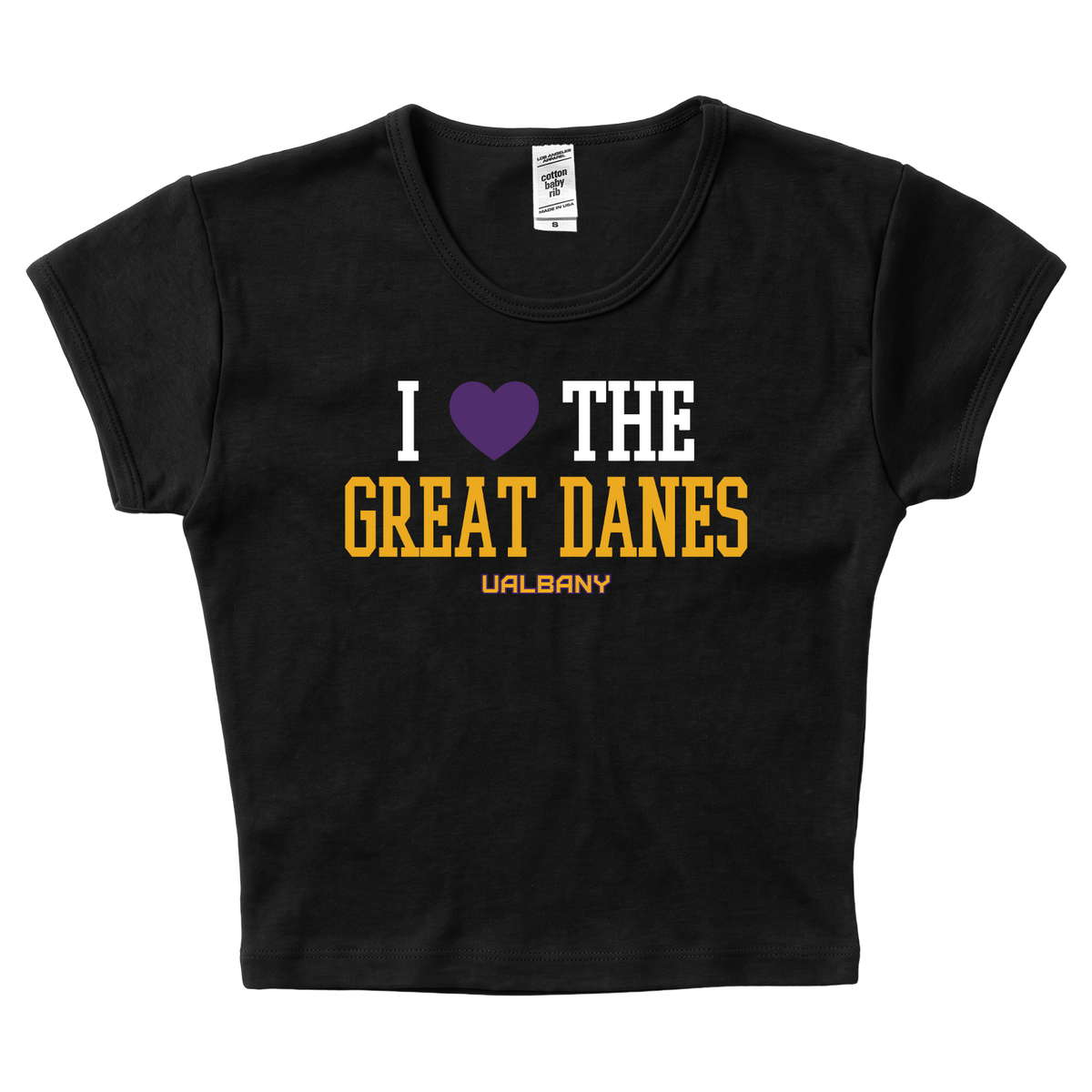 UALBANY 'I HEART THE GREAT DANES' WOMEN'S CROPPED TEE